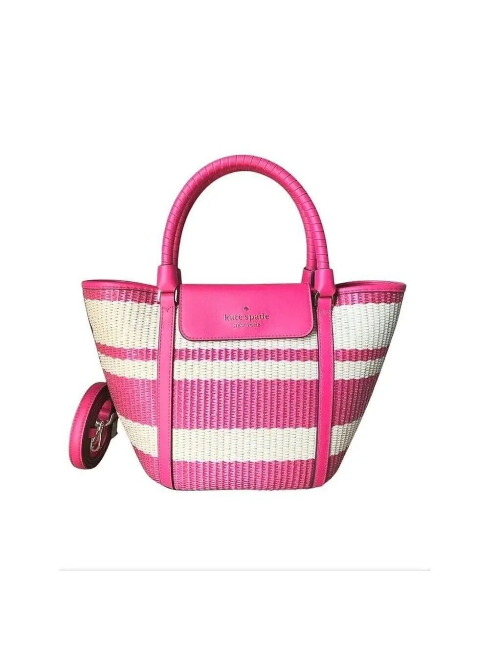 KATE SPADE MEDIUM STRAW / LEATHER CRUISE TOTE IN BIKINI PINK SPRING SUMMER PURSE